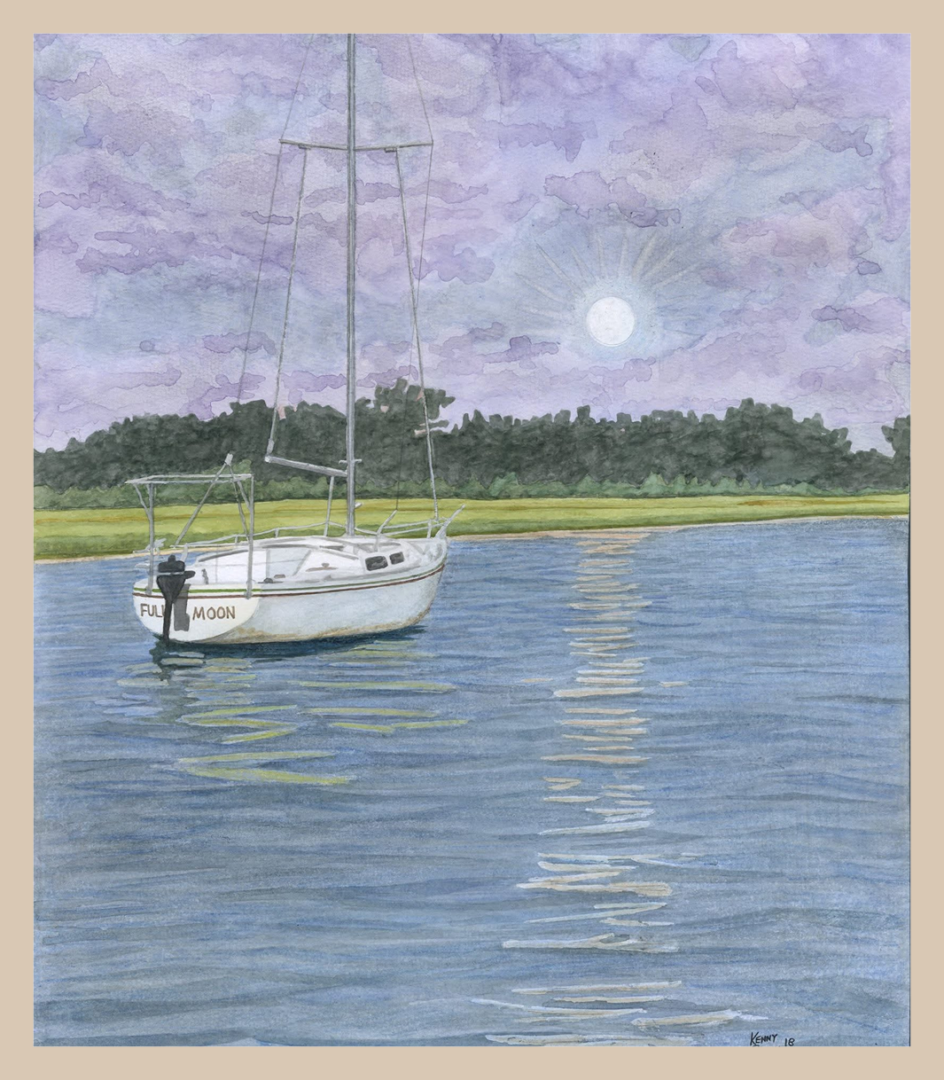 Sailboat on calm water under moonlight.
