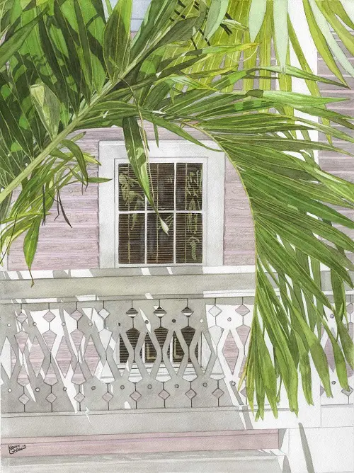 Tropical palm leaves near a window